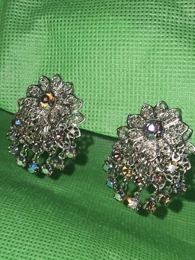 Vintage Waterfall AB Crystals Filigree Earrings  Silver Tone Clip On Tassel